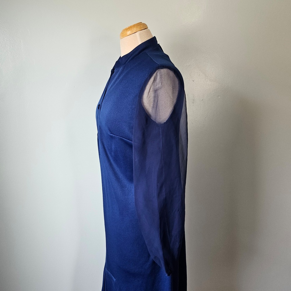 Vtg 1970s Femme of Dallas Royal Blue Shift Column Dress Sheer Chiffon Sleeve M - Picture 4 of 9